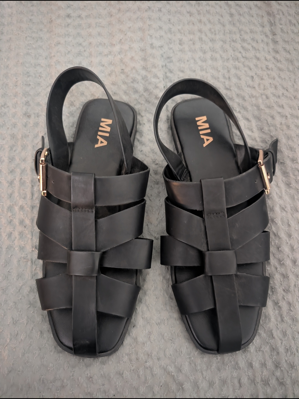 MIA Black Woven Strap Slingback Sandals with Gold Buckles
